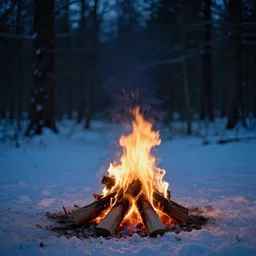 a campfire is sitting in a frozen forest at night, clear focus, bokeh effect, high res, hasselblad, 4 k, iso 1 6 0 0, shutter speed 1 2 5, aperture f / 1. 4, dslr, professional, cinematic, award winning