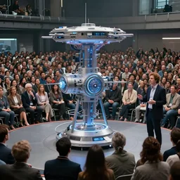 teleportation machine in front of a large crowd of people, with a scientist giving a presentation on it by marc simonetti