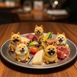 doge dog charcuterie board, pieces of doge in the silver plate, wooden table, exquisite restaurant, five stars michellin, professional food shot, gourmet dish, with veggies. low light, bokeh, masterpiece.