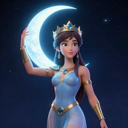 artemixel, the modern reincarnation of the old selenium greek god of hunt, also known as artemis the selene, carrying the celebrated crown of the crescent moon wich its usual bright and slightly bluish crescent like the brightness of the night. cartoon in the style of moebius, 1 9 8 0 s sci - fi character design, 3 d render, unreal engine 5, ray tracing, hyper detailed