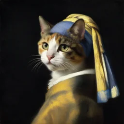 oil painting of a calico cat by vermeer. black background, three - point lighting, enchanting.