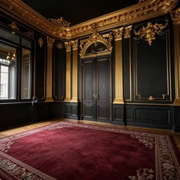 wide angle shot of parisian interior, dark walls, gold accents, interior design, thick carpet, hyperrealistic, hyperdetailed, super detailed, uhd, uhd, 8 k, high resolution,