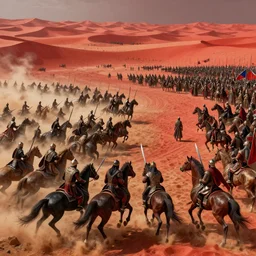 detailed matte painting by greg rutkowski and marc simonetti : old islam army about to enter a war with swords, realistic, fighting, horses, big desert, red and black cinematic theme, 8 k detailed, artstation, uhd, sharp details, extremely detailed scene