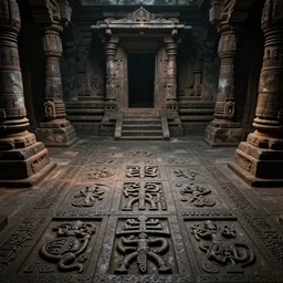 large hindu underground assamese kamakhya ruined temple, highly detailed carvings of weird symbols on the floor, dark dramatic atmosphere, highly detailed, ultra - realistic, tomb raider, unreal engine, cinematic, 4 k