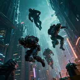 down angle view of cyberpunk navy seals falling into a cyberpunk city