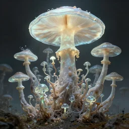 an analog organic theriomorphic holobiont, concept art, mycorrhiza, rhapsodizing, dancing mushroom, translucidluminescence, intricate, kim jung gi, james jean, shaun tan, analog detail, cinematic, epic wide shot, ultra detailed, sharp focus, smooth, physically rendering, photorealistic, 8 k