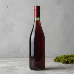 fotografia de botella de vino tinto sin etiqueta, fondo cemento, un poco de musgo, calidad, fotografia profesional