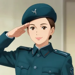 portrait bust of young woman with light brown hair and hazel eyes dressed in a sharp dark teal military uniform with beret, saluting, smiling at camera, ilya kuvshinov, loish, anime, artstation trending, digital art