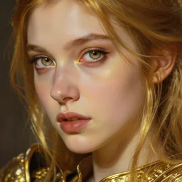 high quality extremely detailed closeup portrait of a young gorgeous female warlock looking away from the camera wearing very reflective golden armor, detailed eyes, sparkle in eyes, no hands visible, fantasy, d & d, intricate, painting by lucian freud and mark brooks, hd
