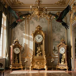 antique clocks and giant exotic birds in a baroque salon of the imagination