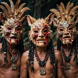esoteric tribes members with taxidermic flesh bloody mask, cinestill 800t 35mm, heavy grain, high quality,