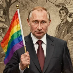 a highly detailed portrait of Vladimir Putin holding gay pride flag, intricate, digital painting, old english, raining, sepia, particles floating, whimsical background by marc simonetti, art by artgerm and greg rutkowski and alphonse mucha