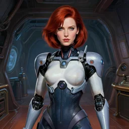 close portrait ship interior bg screenshot of a scene in metroid fusion of christina hendricks as zerosuit samus wearing a cybernetic bodysuit painted by norman rockwell character designed by hideaki anno dark crimson hair digital lighting by james gurney trending on artstation masterpiece artgerm alphonso mucha greg rutkowski.