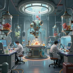 Matte painting of the interior view a scientist's laboratory. Biopunk. Cloning vats. Dynamic centralized perspective. Fantastical, detailed digital art trending in ArtStation