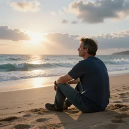 Kevin O'Leary sitting on the beach looking to the sea at sunrise, concept art, octane render, unreal engine 5, trending on Artstation, high quality, highly detailed, 8K, soft lighting, godrays, path tracing, serene landscape, turbulent sea, high coherence, anatomically correct, hyperrealistic, sand, beautiful landscape, cinematic, clouds in the sky