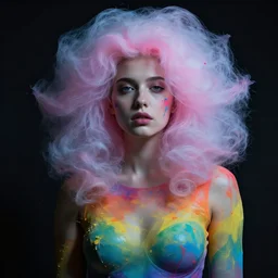 dramatic lighting photo of a beautiful young woman wearing rainbow a latext suit with cotton candy hair. paint splashes. detailed, moody and melancholy. with a little bit of rainbow colors. digital art by beeple