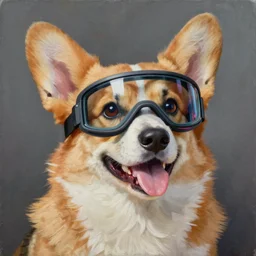 a painting of a happy corgi wearing a cyberpunk augmented reality visor by artgerm, highly detailed, oil on canvas