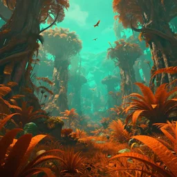 a lush alien forest, teal sky, orange plants, birds in flight, humid alien jungle, orange and teal color scheme, atmospheric, exotic, colorful, unreal engine, trending on artstation