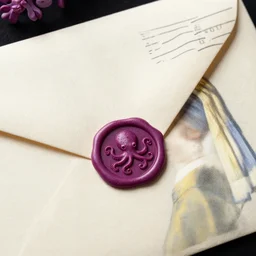 close - up lilac envelope letter stamped with a wax seal with an octopus emblem, intricate hyper detailed ultra sharp, sharp focus, global illumination, painting, museum, masterpiece, vermeer, radiant light, 4 k, ultra hd,