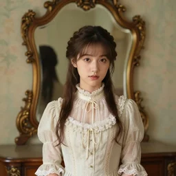 detailed portrait of a young victorian lady with a long cute beautiful dress in a beautiful victorian room in front of a victorian mirror, high quality by jeremy mann, only one head single portrait