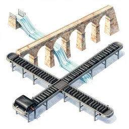 isometric drawing watercolor illustration aqueducts cannabis waterslides and black matte conveyor belt rollers wide the main methods of transport, utopian cannabis cbd in the capital of australia