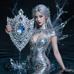portrait of a beautiful woman wearing a cheongsam dress, holding a shield made of crystal and gemstones, drenched body, silver hair, emerging from the water, dark fantasy, regal, fractal crystal, fractal gems, by ross tran, stanley artgerm lau, thomas kindkade, loish, norman rockwell