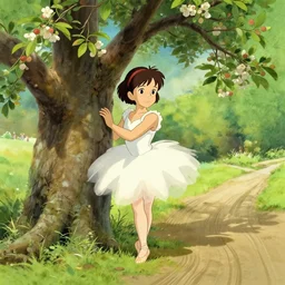well - lit art nouveau portrait of a 1 3 - year old ballet girl wih resembles natalie portman and emily browning acting shy under an apple tree, natural lighting, path traced, highly detailed, high quality, cartoon, digital painting, by don bluth and ross tran and studio ghibli