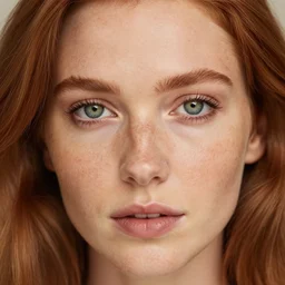 highly detailed close up portrait of a beautiful woman with ginger hair, freckles, green eyes