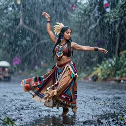 shamanic woman dancing in the epic colourful rain, highly detailed, hyperrealistic, 8k,