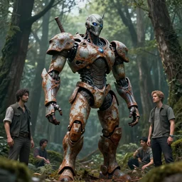 A robot statue in the middle of a forest covered in veins and rust by Greg Rutkowski, Sung Choi, Mitchell Mohrhauser, Maciej Kuciara, Johnson Ting, Maxim Verehin, Peter Konig, final fantasy , 8k photorealistic, cinematic lighting, HD, high details, atmospheric,