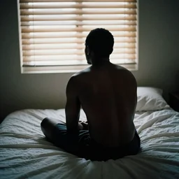 Black man sitting on his bed with his back to the camera, light entering through a blind, Hyper realistic film photography by Yohji Yamamoto, Zeiss 50mm f2.8, Hasselblad, insanely detailed