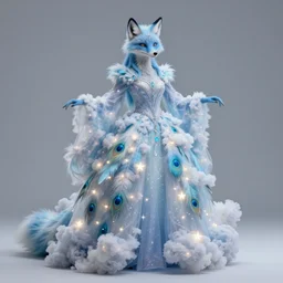 a star skinned blue fox druid wearing a magically imbued ethereal elven ball gown made from clouds and peacock feathers with fairy lights inside the clouds to resemble stars, cloud mage robes, fantasy, proper anatomy, fantasy art, in the style of the dragon prince on netflix