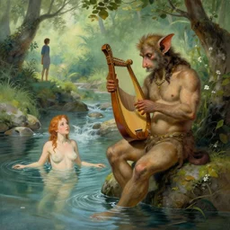 a mythological Satyr holding his lyre watches from a distance as a beautiful Maiden bathes in a glistening stream, by Edgar Maxene and Ross Tran and Michael Whelan and Boris Vallejo”