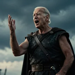 film still of joe biden as leonidas shouting in 3 0 0 movie, 8 k, epic moody sky, dramatic lighting