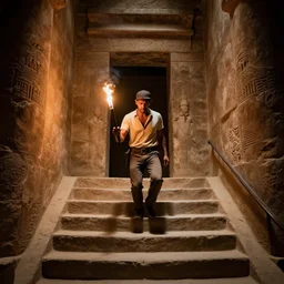 Indiana Jones with a torch walking down a staircase into a dark Ancient Egyptian Sandstone tomb