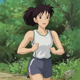 portrait of a woman wearing sportswear jogging in a lush park, ilya kuvshinov face, highly detailed, cel shading, digital painting, anime key visual, artwork by hayao miyazaki and alphonse mucha
