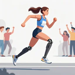 Female athlete sprinter in a race with cyborg legs while the audience cheers, vintage footage, 1980's, cinematic stillframe, diesel punk, art deco stadium, artstation, otomo manga, akira