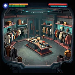 inside a clothing store, on a spaceship, cyberpunk style, from a point and click 2 d graphic adventure game, set design inspired slightly by tomb raider, art inspired by [ [ thomas kinkade ] ] and [ mark keathley ]