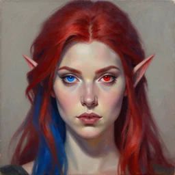 A detailed matte oil on canvas head on symmetrical portrait of a beautiful elven woman with a blue eye and a red eye, and red and blue hair by Charlie bowater and lise deharme, trending on artstationhd,  dungeons and dragons art critical role