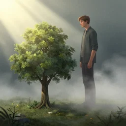 editorial illustration by karolis strautniekas and mads berg, illustrated miniature tree diorama next to a very tall man, fog, fine texture, detailed, muted colors, dramatic lighting, dynamic composition, vivid, matte print, wide angle, ( ( sunbeams ) ), moody
