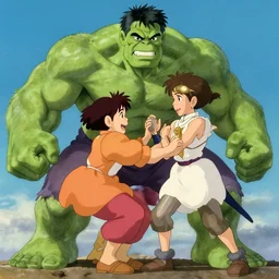 studio ghibli image of the hulk fighting thanos