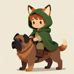 a cute hobbit boy wearing a dark green cloak riding a mastiff with a hood that has fox ears on it, trending on artstation, larry elmore, dungeons and dragons