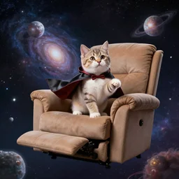 a kitten with a cape floating through galaxies of space on a recliner chair