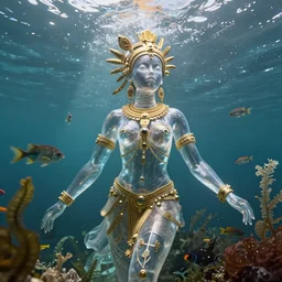 hyperrealistic neoclassical cinematic underwater scene with fish and algae, very expressive! translucent elegant african goddess, full body, gold jewerly, highly detailed face, digital art masterpiece, eric zener aykut aydogdu, volumetric light, long shot, low angle uhd 8 k, sharp focus