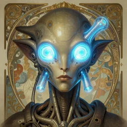 asymmetrical!! portrait of an alien with large neontubes in face in the style of, machine face, intricate, elegant, highly detailed, digital painting, artstation, biolusence, concept art, smooth, sharp focus, illustration, art by artgerm and greg rutkowski and alphonse mucha, horizon zero dawn 8 k