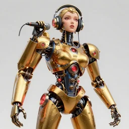 portrait photo of a giant huge golden and blue metal humanoid steampunk robot female singer with headphones and gears and tubes, in the foreground is a big red glowing microphone, eyes are glowing red lightbulbs, shiny crisp finish, 3 d render, 8 k, insaneley detailed, fluorescent colors, background is multicolored lasershow