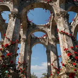 broken arches leading to the pillars of eternity draped with red flowers and vines, blue sky, lens flare, a sense of mystery, cinematic, ultra detailed, intricate, sharp focus, trending on artstation, 8K, iridescent highlights, sci-fi, by Moebius, Greg Rutkowski, Alphonse Mucha