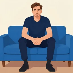 a man sitting on top of a blue couch, a character portrait by Lawrence Harris, tumblr contest winner, aestheticism, handsome, masculine, flat colors