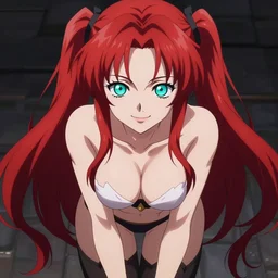 stunningly beautiful omnipotent megalomaniacal anime goddess who looks like junko enoshima with symmetrical perfect face and porcelain skin, red twintail hair and cyan eyes, looking down upon the viewer and taking control while smiling in a mischievous way, mid view from below her feet taken in an extremely low angle, hyperdetailed, 2 d, octane render, 8 k