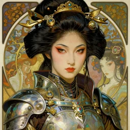 realistic detailed face portrait of a beautiful futuristic warrior geisha in alien samurai armor by alphonse mucha, ayami kojima, amano, greg hildebrandt, and mark brooks, female, feminine, art nouveau, samurai cyberpunk, geisha, neo - gothic, gothic, character concept design